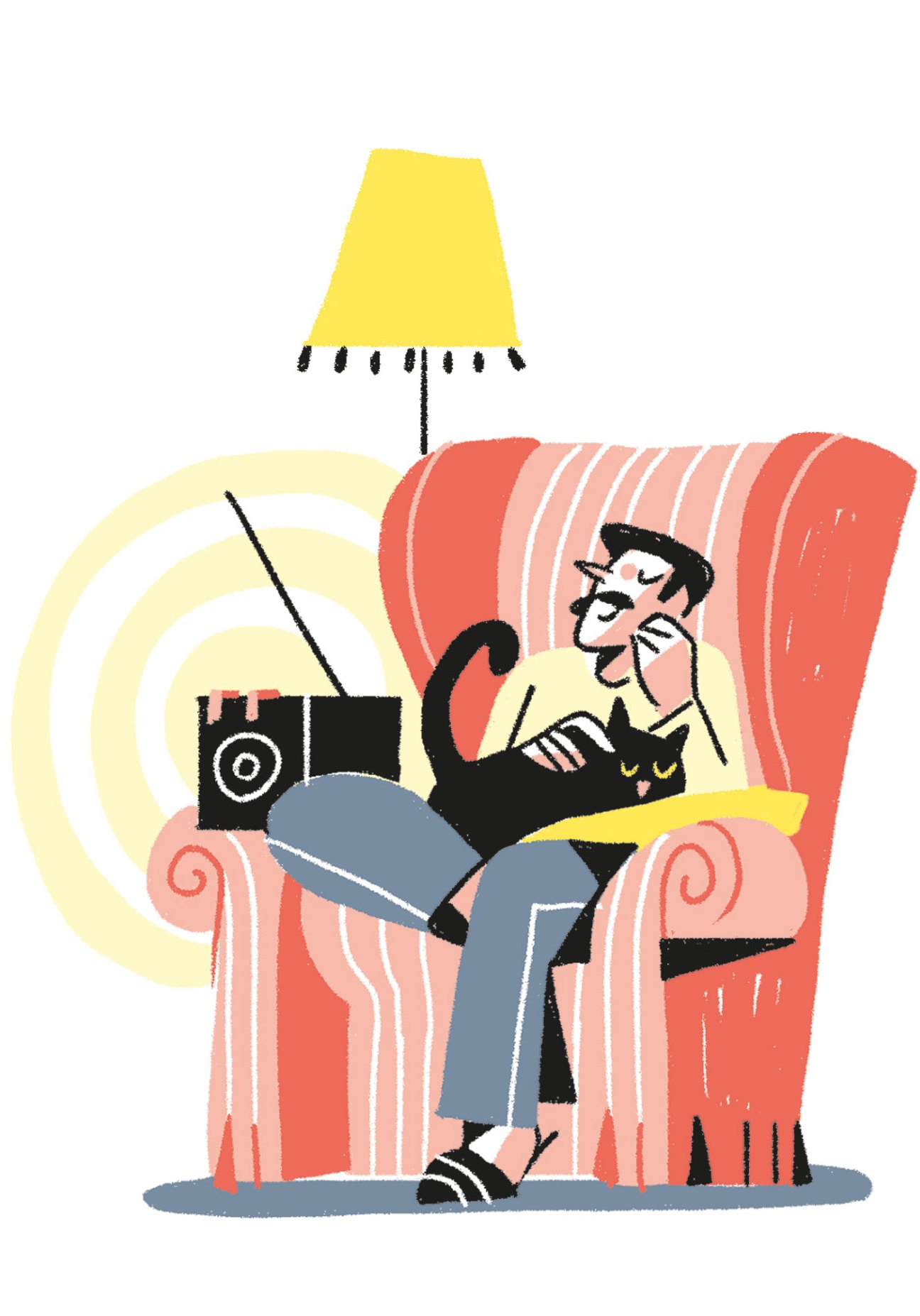 An illustration of a man relaxing in an armchair reading a book with a cat, next to a radio and lamp