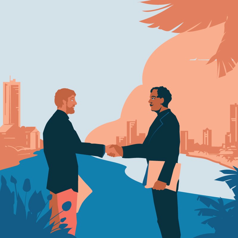 Illustration of two businesspeople shaking hands in front of an urban skyline with water.