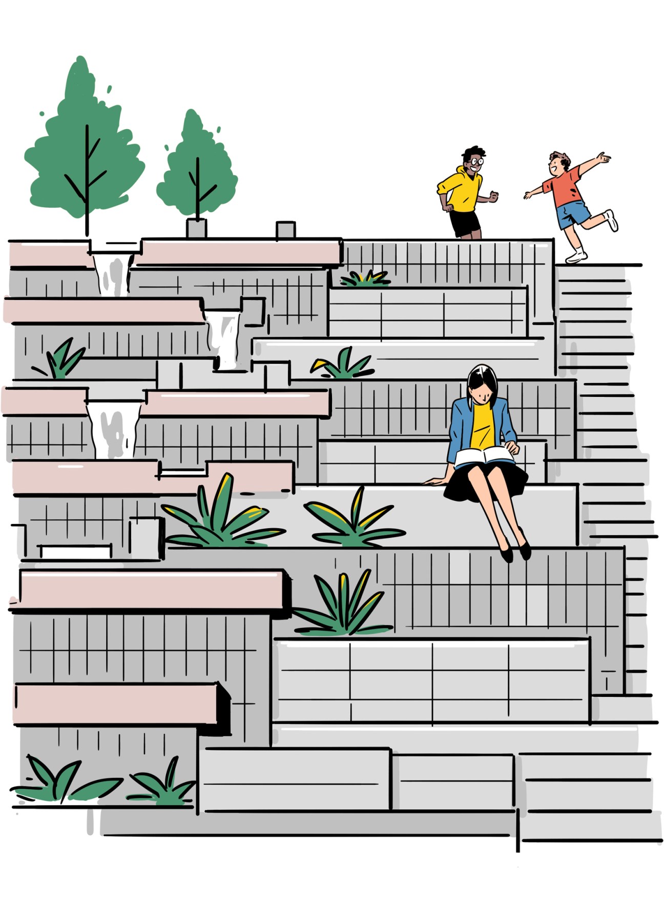 Terraced concrete steps with integrated water features and landscaping creating multi-level public seating areas