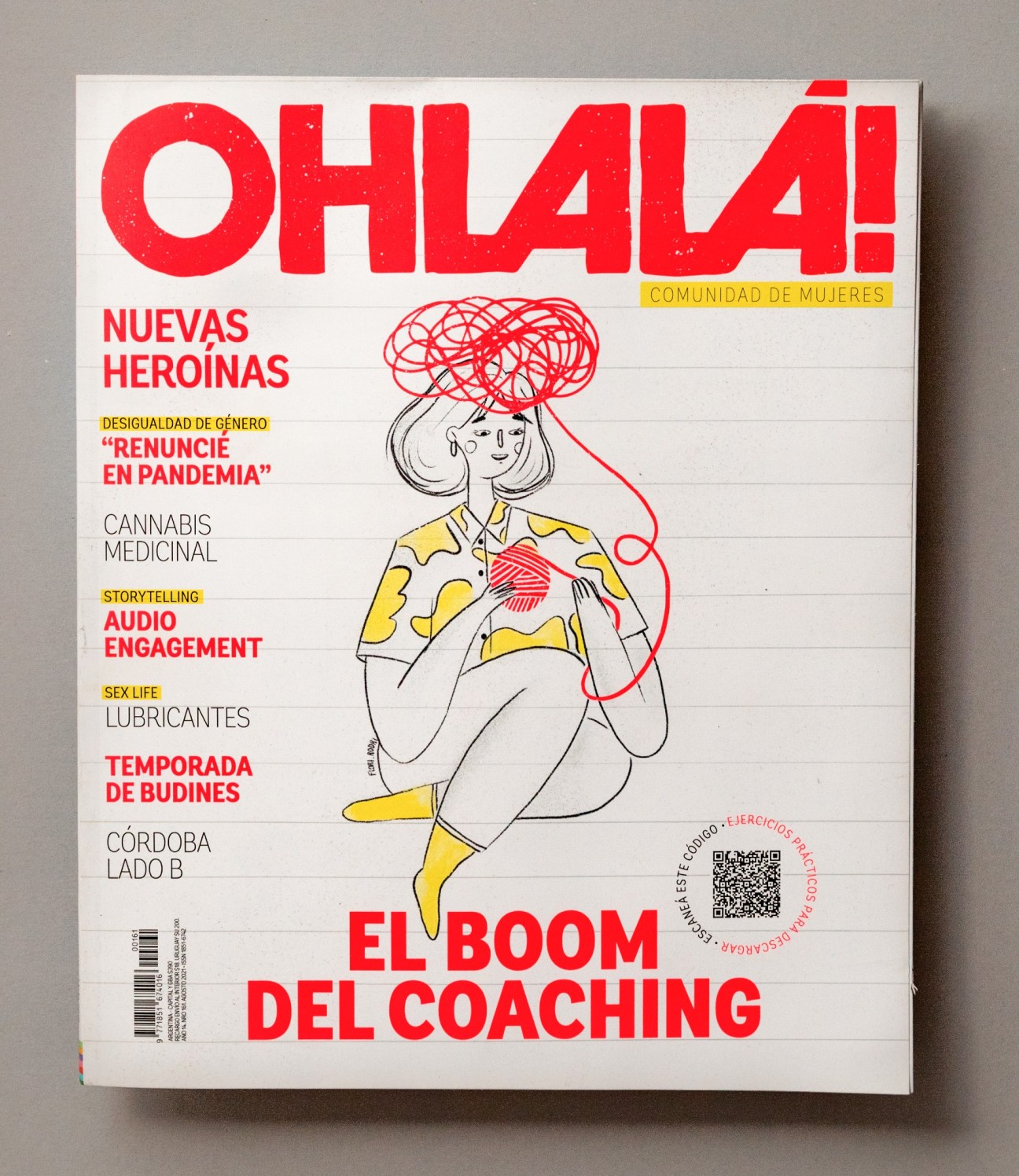 Cover of OhLaLá magazine featuring illustrated woman with red scribbled hair and yellow clothing