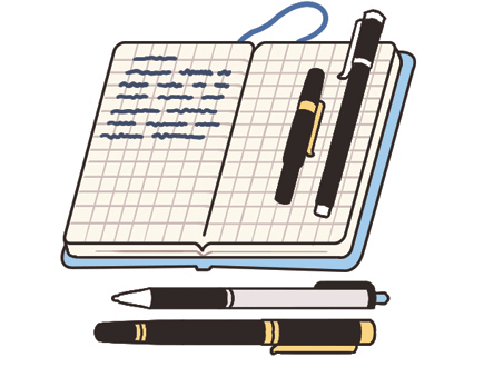 Kaweco pens and Uni-ball pen with Moleskine notebook containing handwritten notes