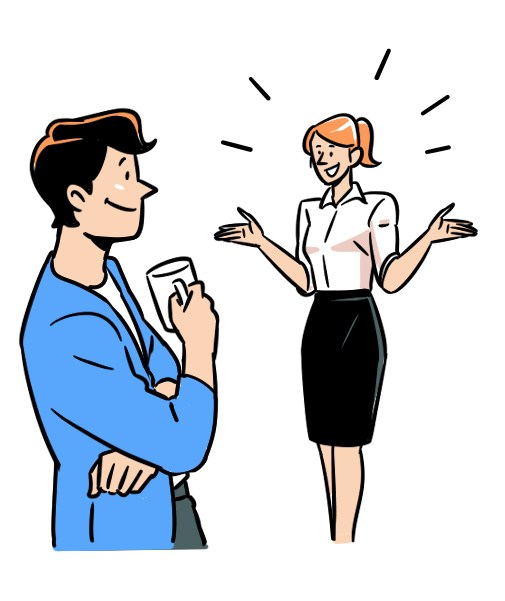Stylized illustration of a man in blue shirt holding coffee cup speaking with a woman in business attire