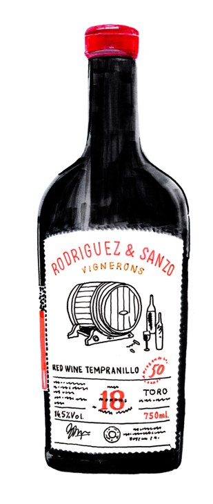 Rodríguez & Sanzo Vignerons red wine bottle with red cap and white label featuring barrel illustration.