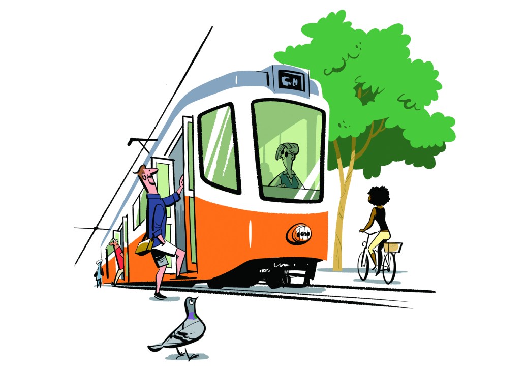 A colorful illustrated tram with orange and white design traveling on tracks with passengers boarding and a cyclist nearby