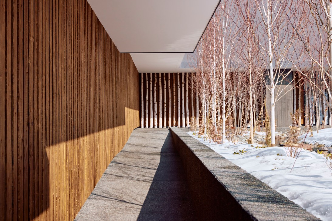 Modern wooden hotel building with vertical slat cladding and concrete walkway surrounded by bare winter trees