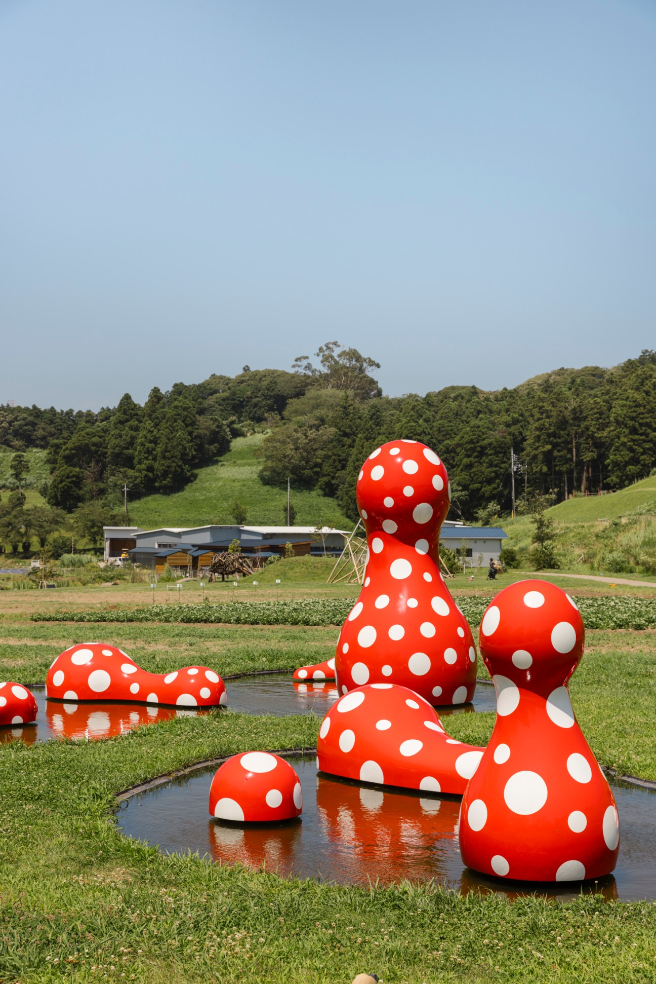 Red polka-dotted mushroom sculptures by Yayoi Kusama scattered across a water feature in rural Japanese landscape