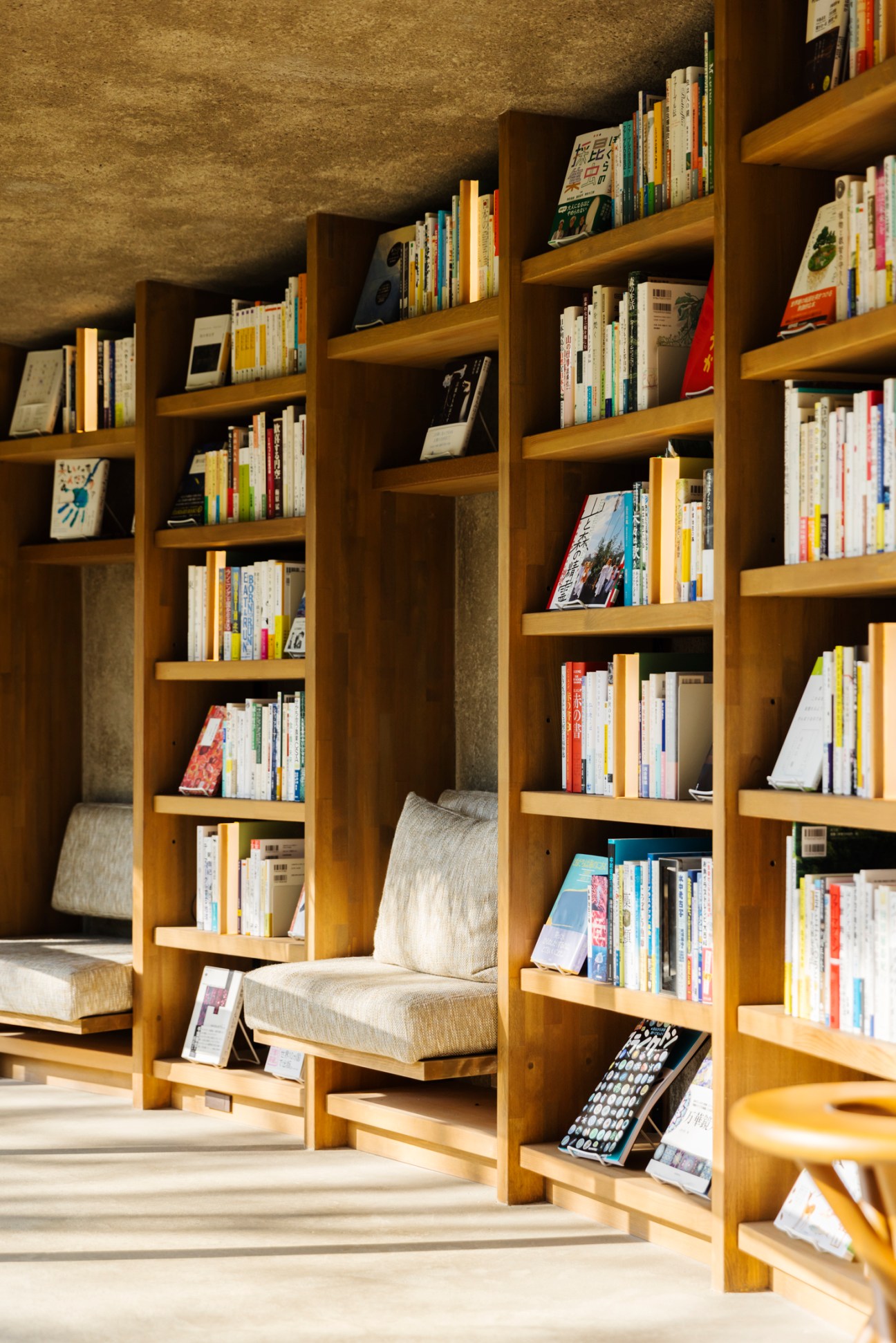 Built-in wooden bookshelves with reading nooks and cushioned seating areas in a modern library space