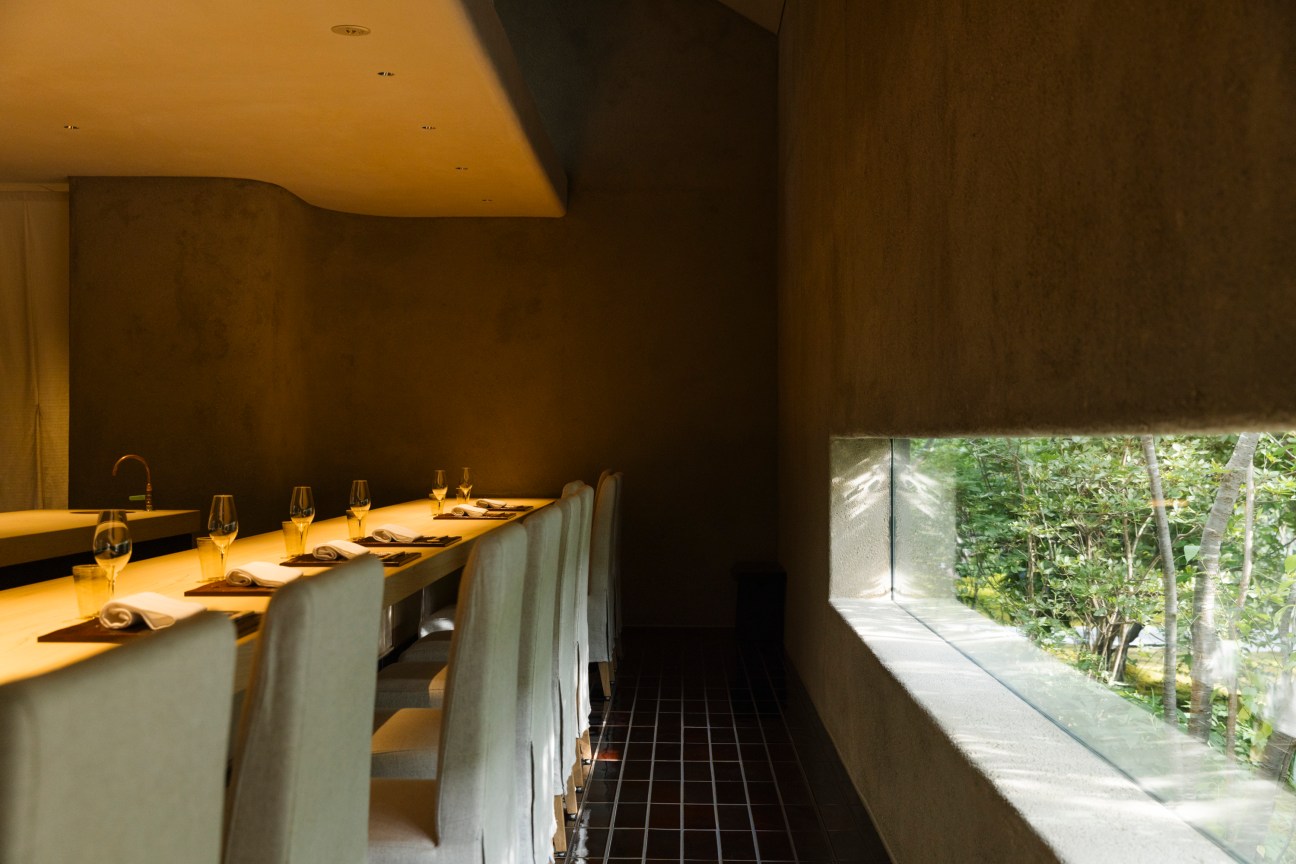 Interior view of Auberge Tokito's restaurant Shokubo showing traditional Japanese design elements