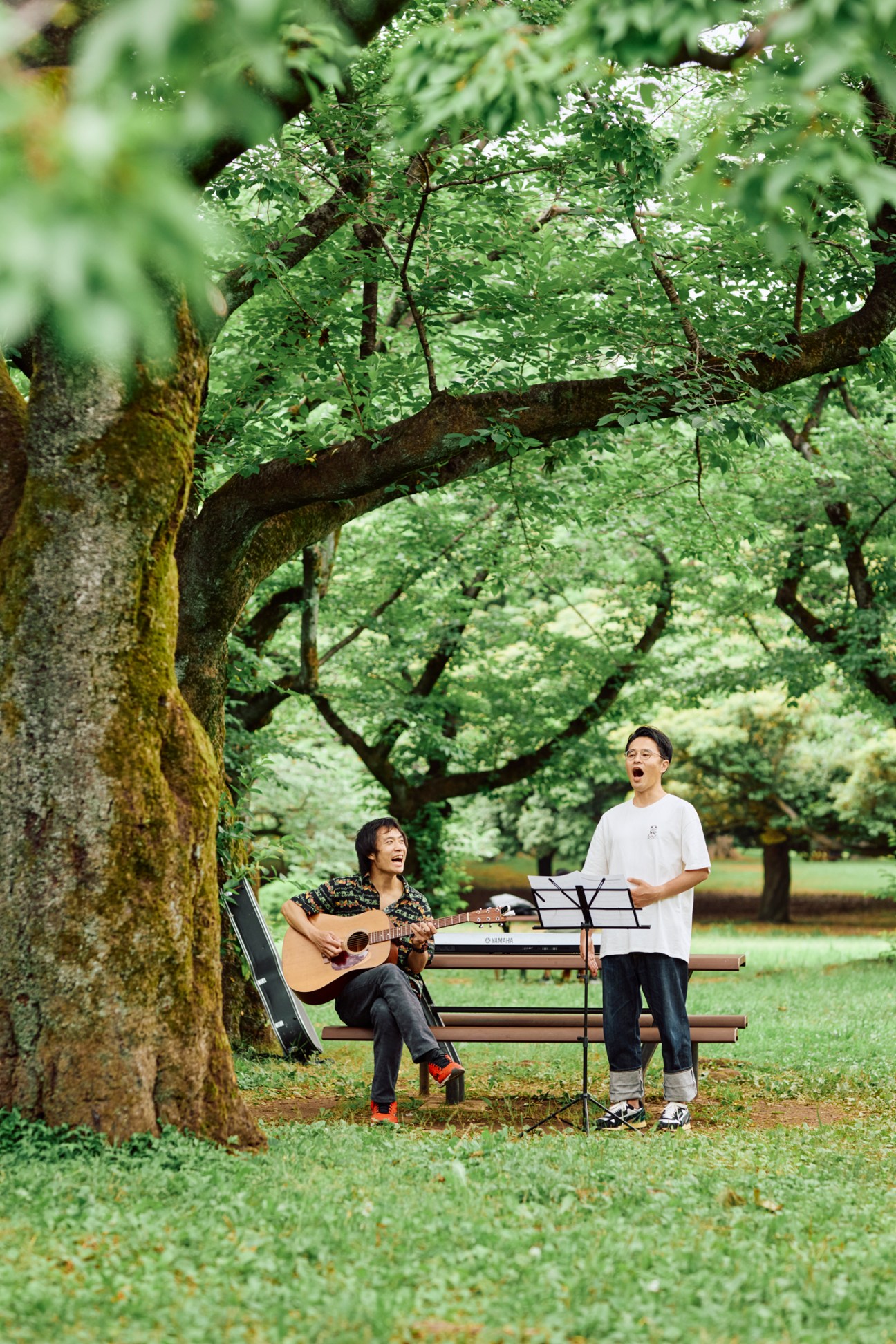 Two men performing music outdoors under a tree, one playing guitar on a bench and another singing