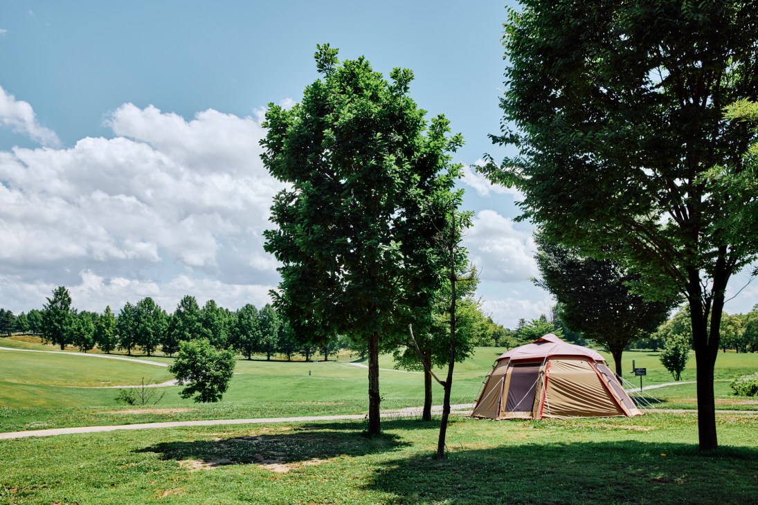 Snow Peak headquarters campsite with tents set up among trees