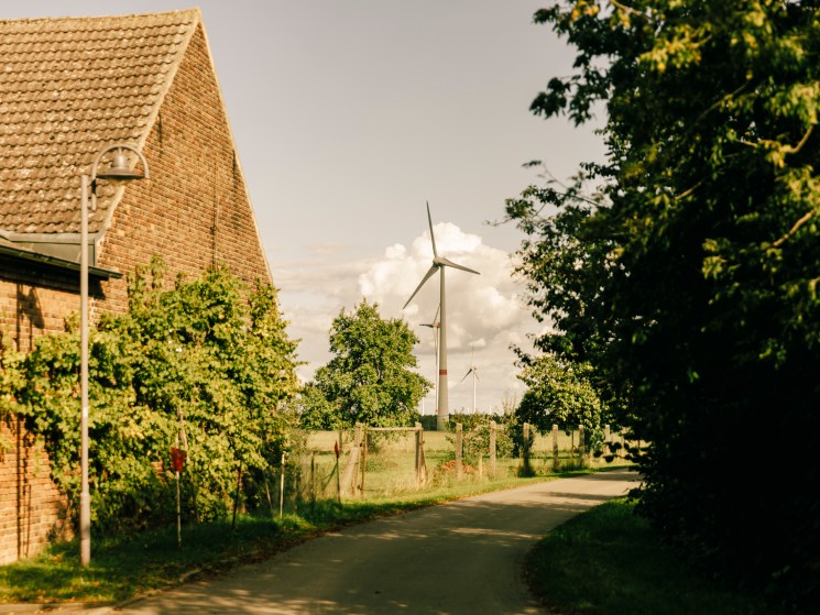 Wind turbines in German countryside landscape
