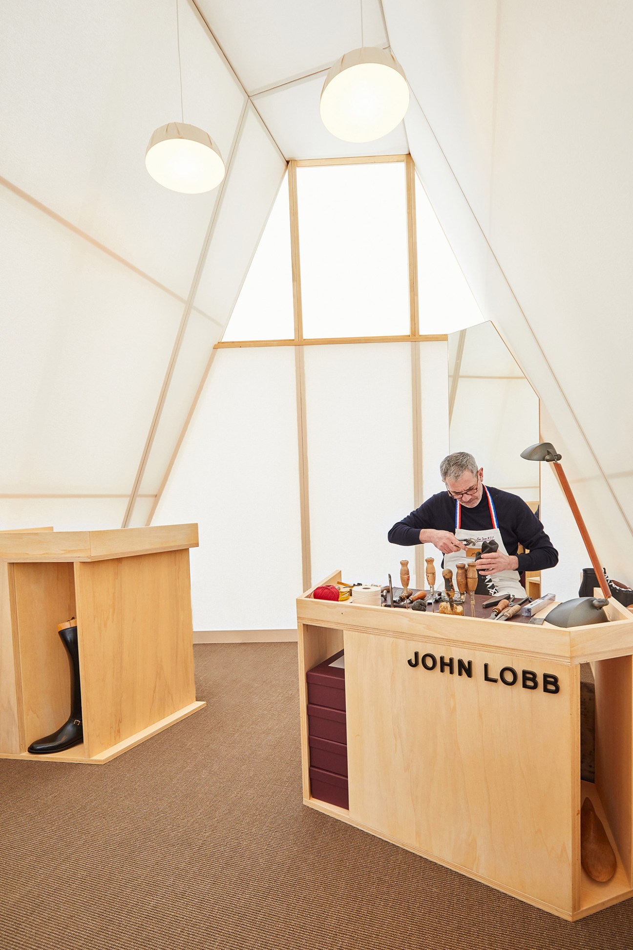 John Lobb temporary installation in Courchevel showing white geometric structure against snowy Alpine landscape
