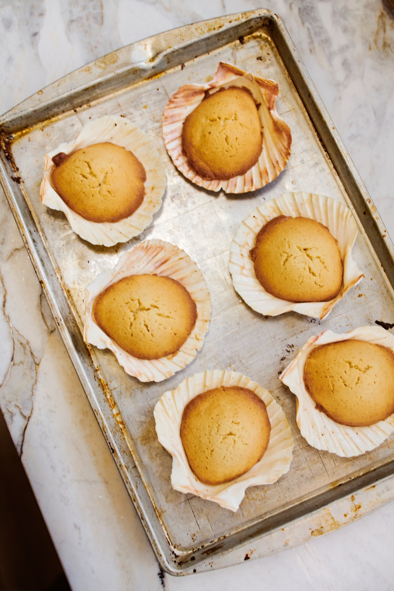 Six golden-brown round cookies in paper liners arranged on a baking sheet.