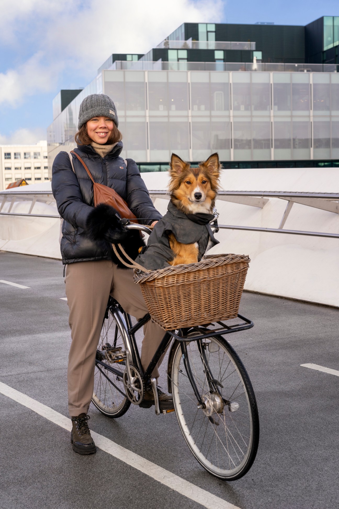 Woman with dog in bicycle basket on rooftop parking area with modern building in background
