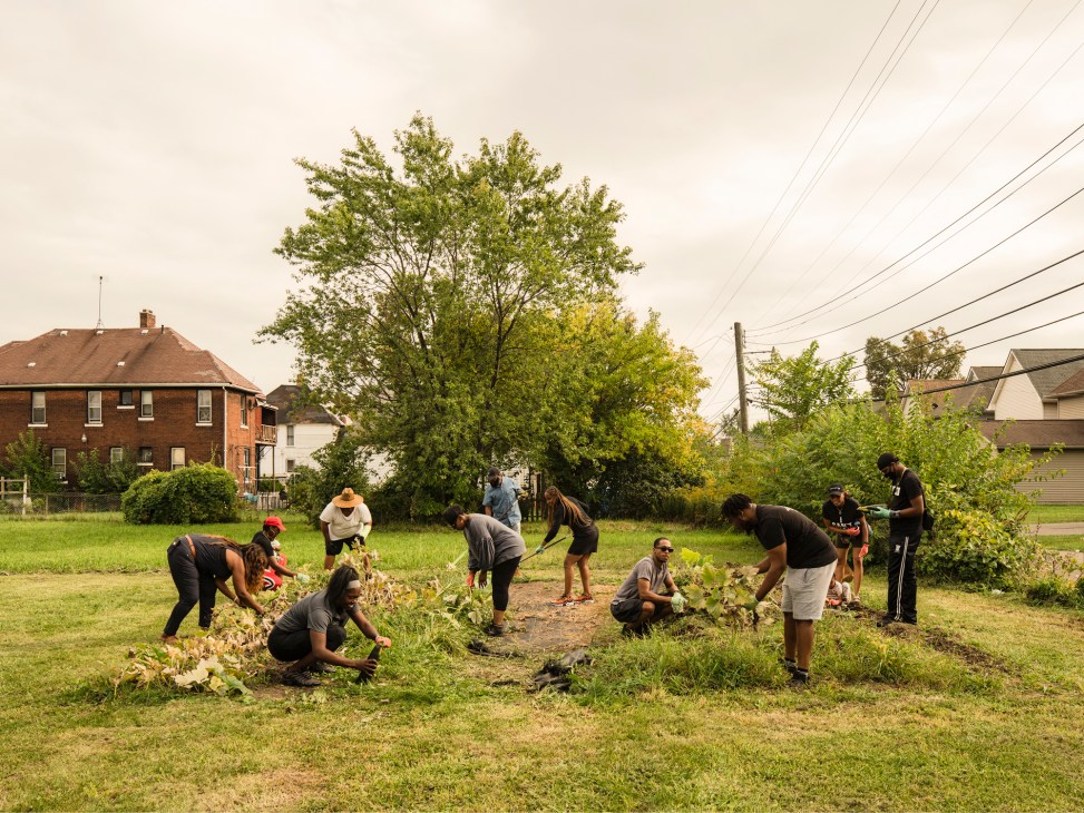 Multiple people working together in a community garden with organized planting beds and pathways