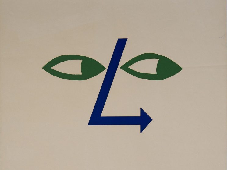 Tom Eckersley 1960 poster for Society of Industrial Artists exhibition featuring green eyes and blue arrow