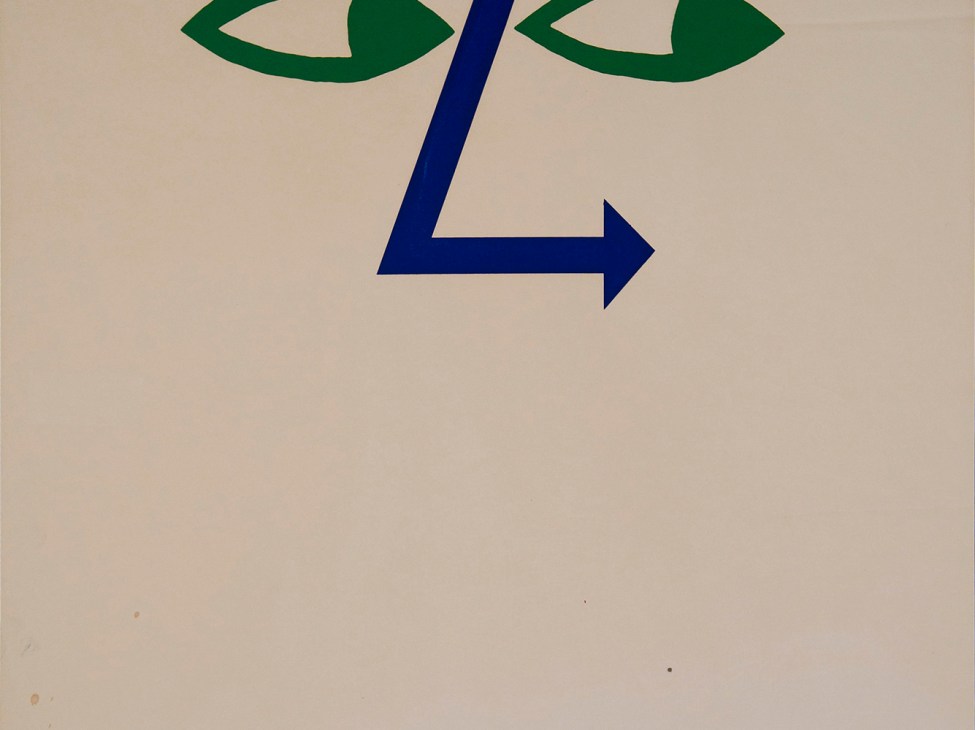 Tom Eckersley 1960 poster for Society of Industrial Artists exhibition featuring green eyes and blue arrow