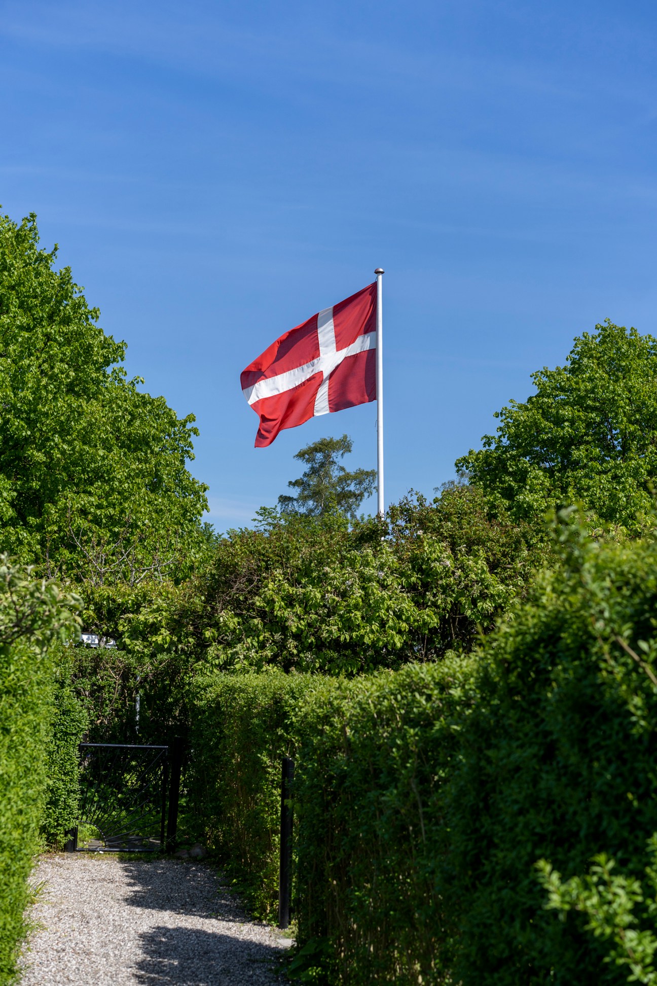 Danish flag flying on flagpole above green trees against blue sky at HF Fortbo garden association