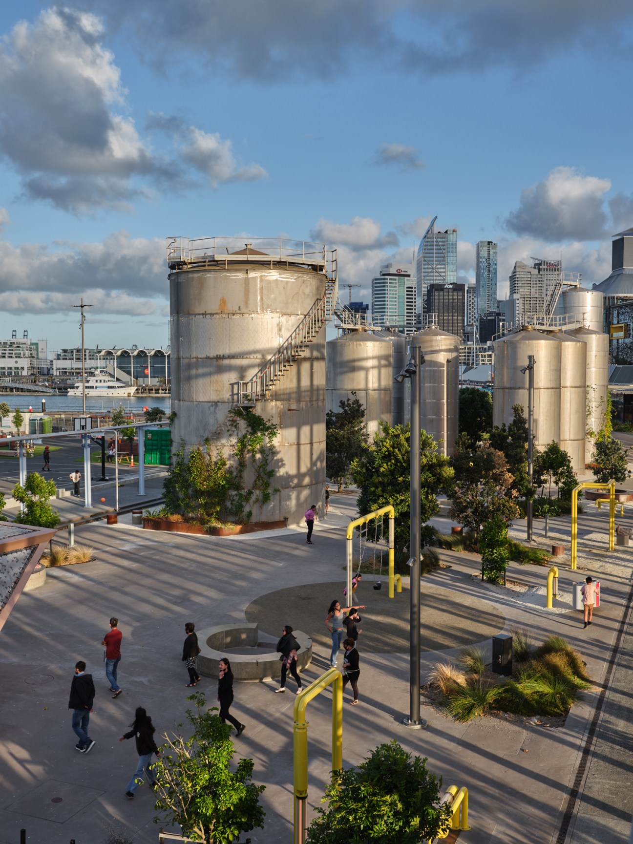 Tank Park in Auckland's Wynyard Quarter showing repurposed industrial tanks transformed into public spaces