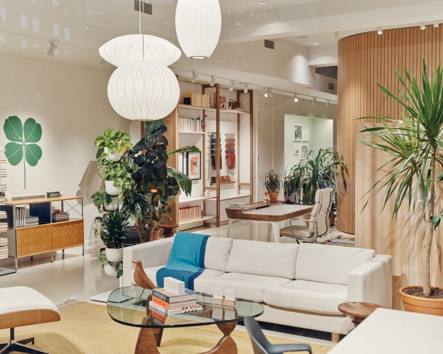 Modern retail showroom displaying home design objects and furniture pieces with contemporary lighting and plants