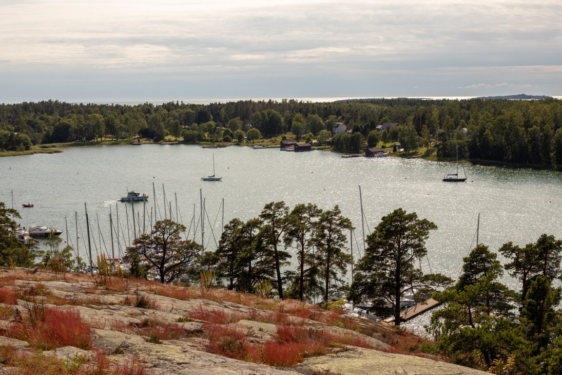 Elevated view of Mariehamn town showing harbor, buildings and surrounding landscape from vantpoint