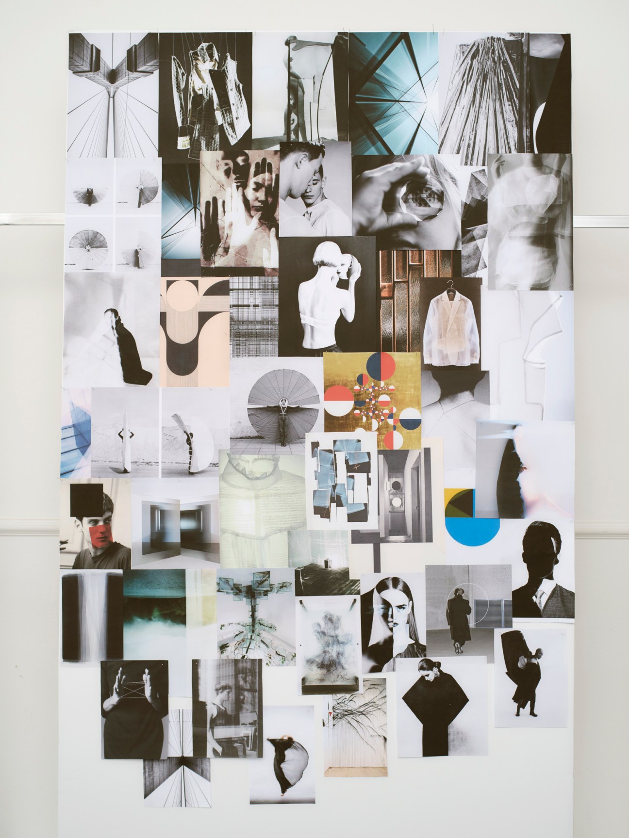 Anest Collective mood board featuring collaged black and white photographs, geometric shapes, and vintage imagery.