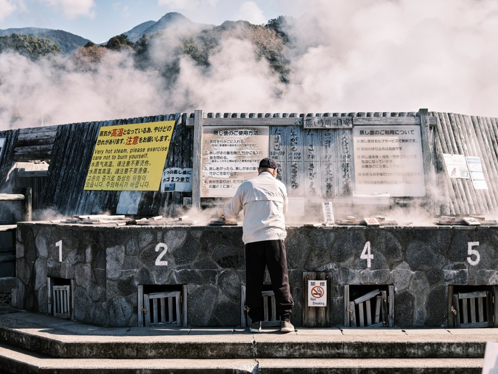 Person in beige jacket reading information signs posted above numbered stone cooking chambers with steam rising
