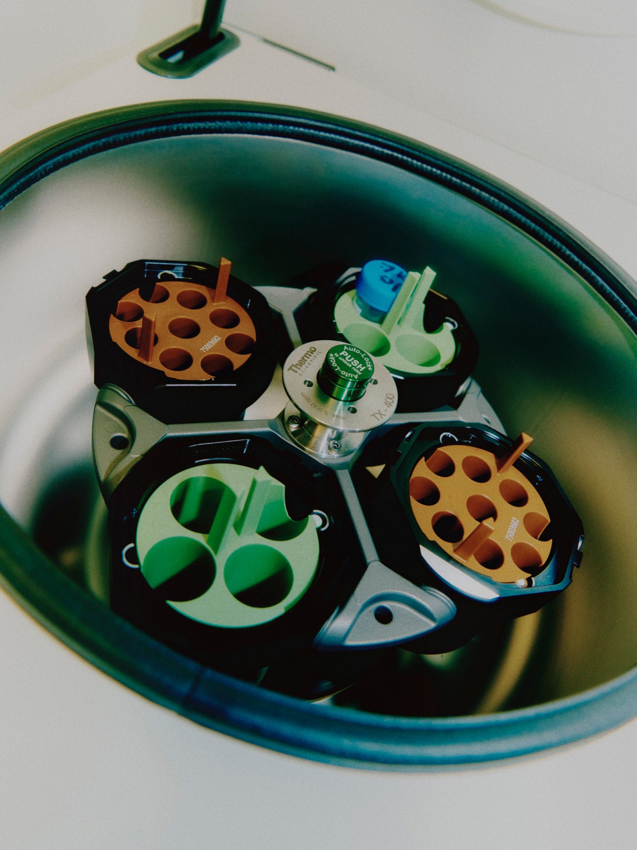 Laboratory test tubes arranged in circular holders inside a centrifuge machine