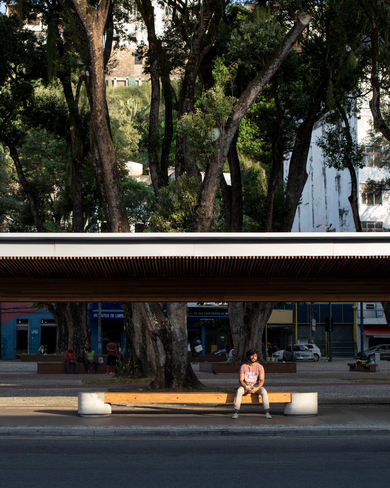 Diego Pinheiro sitting at a modernist bus shelter bench made from concrete and Brazilian ipê wood