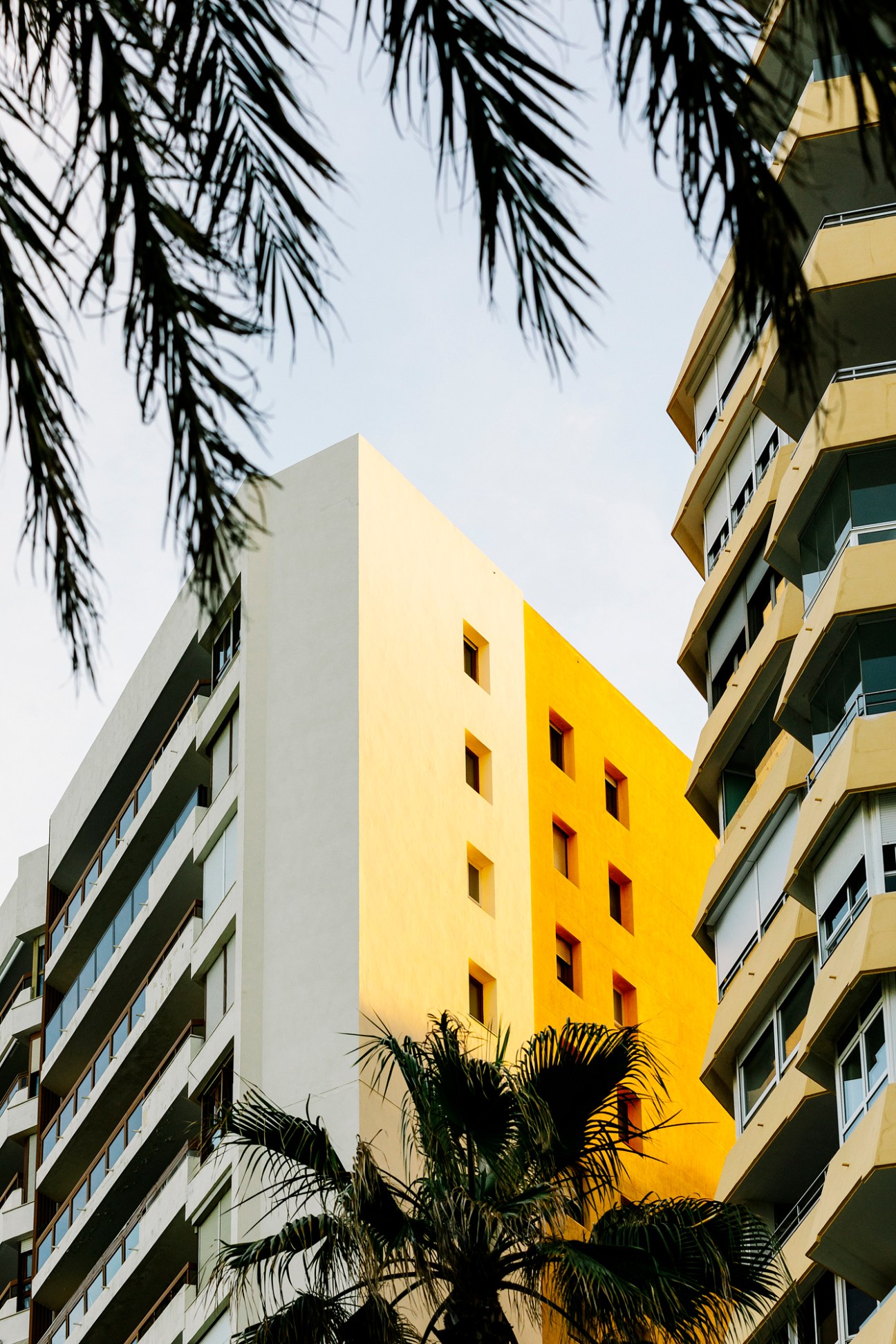 A modernist apartment building with bright yellow and cream facades surrounded by palm trees and neighboring structures in Málaga.