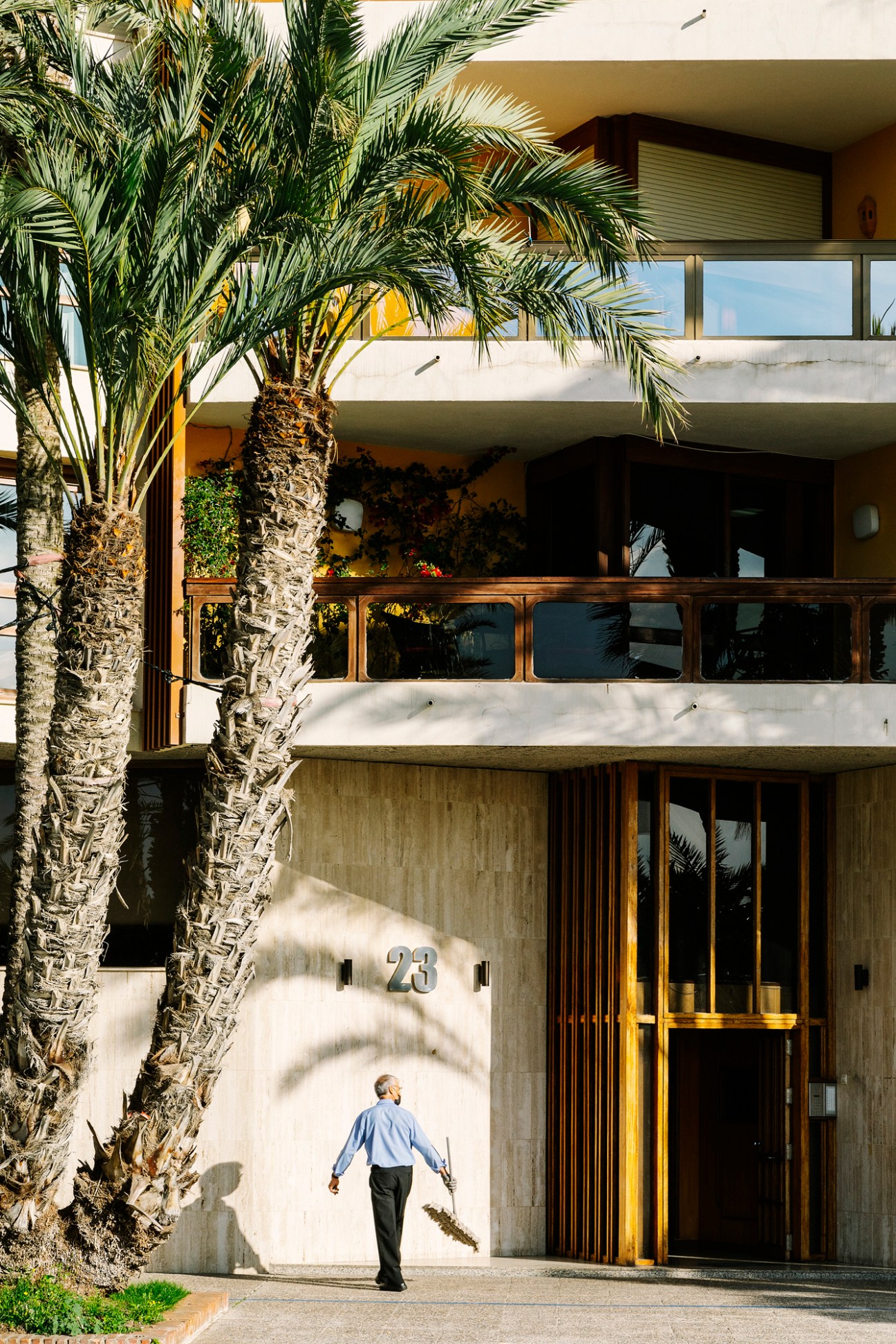 Man in light blue shirt walking towards the modernist entrance of Melilla 31 building with palm trees in foreground.