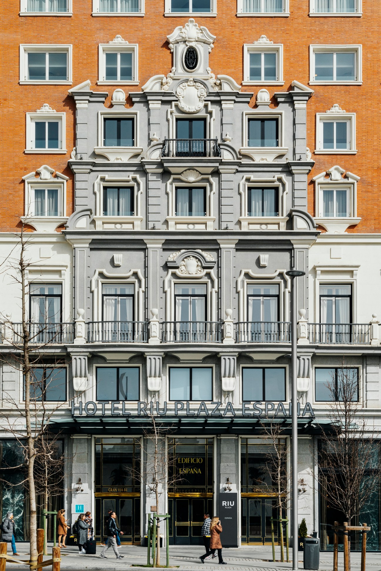 Ornate historic Edificio España building facade in Madrid with elaborate baroque architectural details