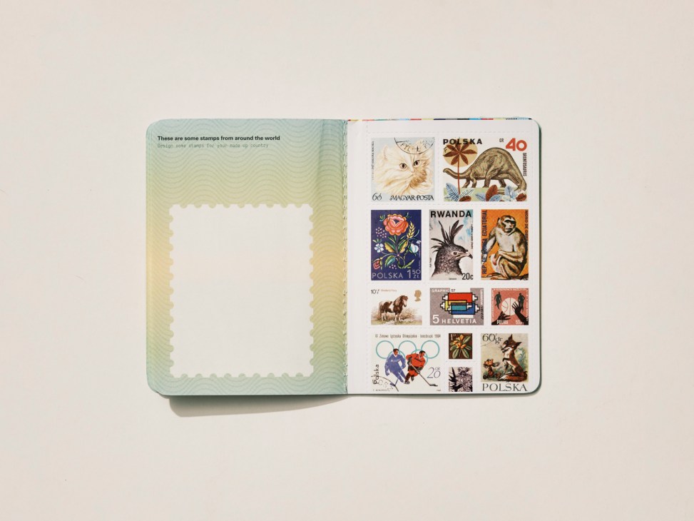 Passport-shaped children's activity book open showing colorful international postage stamps on white pages