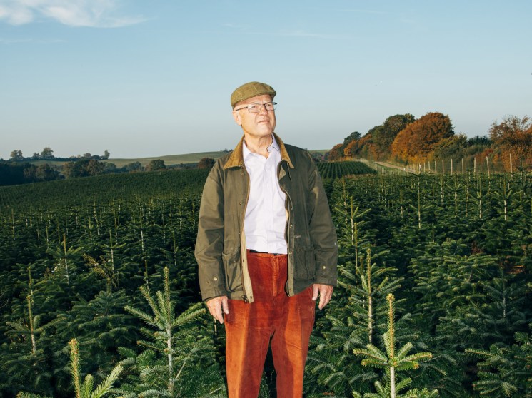 An older man in a flat cap and rust-coloured trousers stands among rows of young Christmas trees on a farm.
