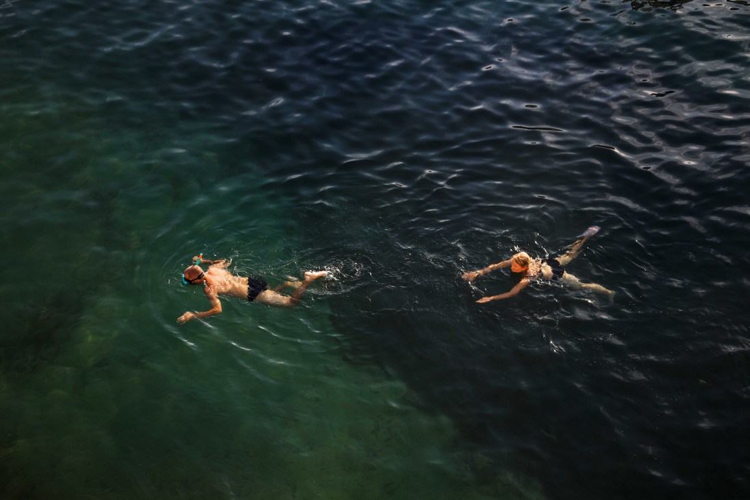 Two people swimming in dark green water viewed from above