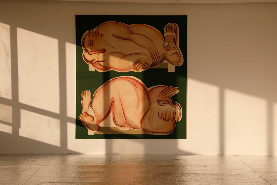 Painting showing two nude figures in fetal positions on green background by Anastasia Bay