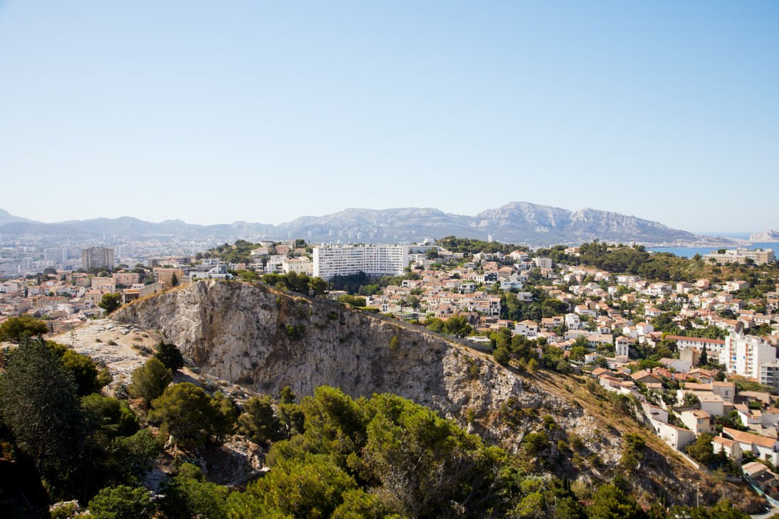 Panoramic view of Marseille city and Mediterranean coastline from Basilique Notre-Dame de la Garde