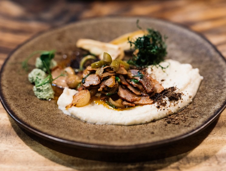 Fine dining dish at Los Locos restaurant with sautéed mushrooms and capers on creamy sauce.