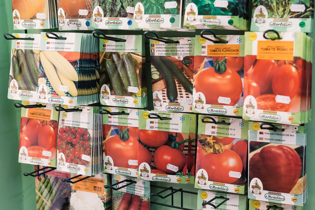 Colorful Sementes Hortelão seed packets displaying various vegetables including tomatoes and cucumbers on display rack