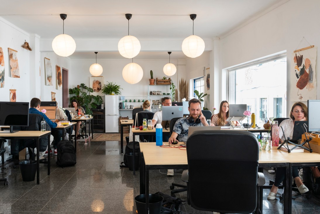 Interior of Salt Studio co-working space with multiple workers at desks using laptops, pendant lighting, and potted plants.