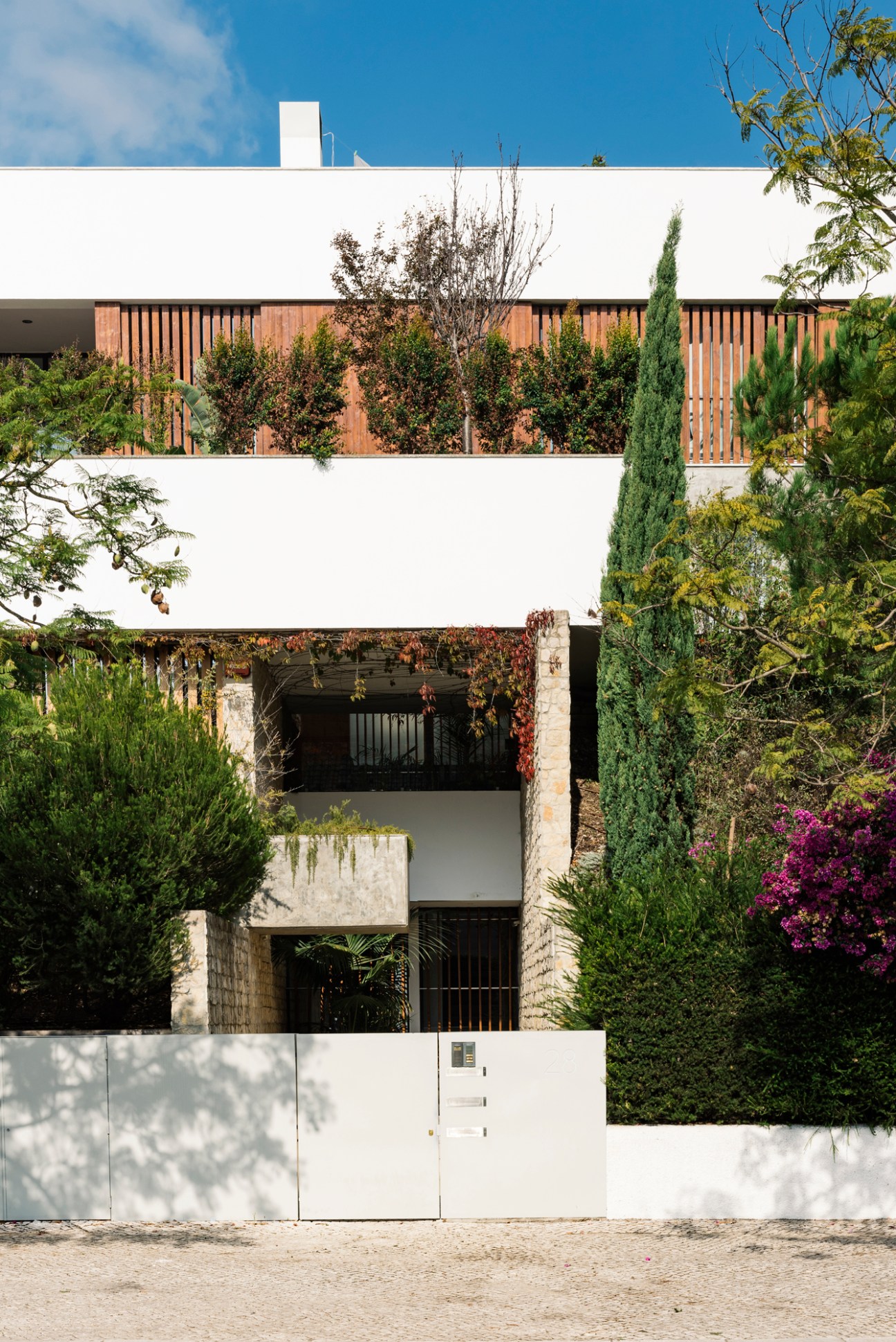 Modern white three-story building with concrete platforms, timber screens and horizontal lines by António Costa Lima