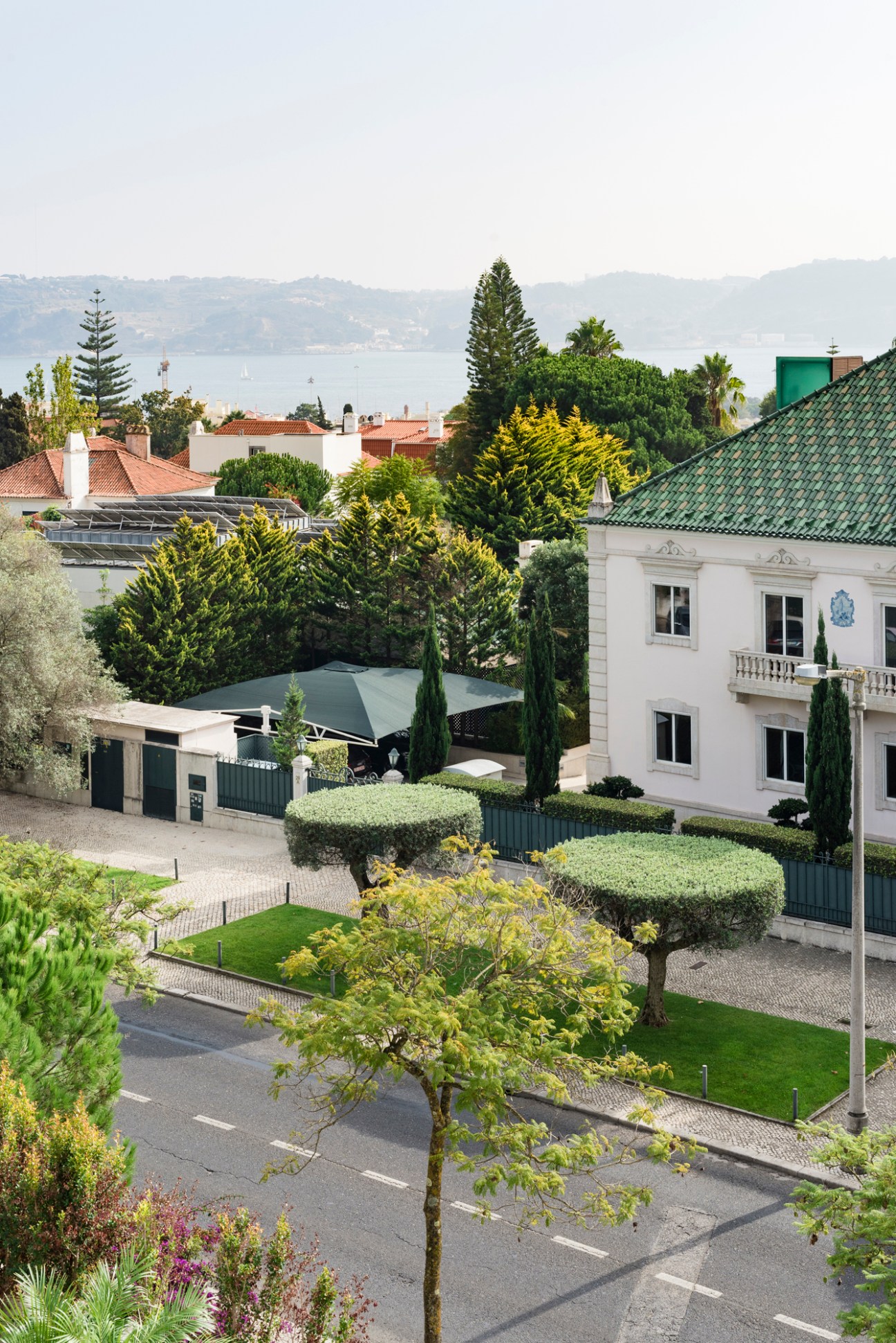 Aerial view of residential neighborhood with white houses, lush gardens, and water visible in background