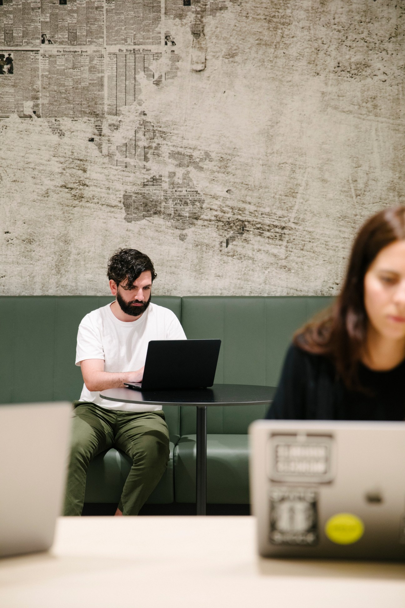 Modern office space with flexible furniture, moveable desks, technology equipment and open workspace design