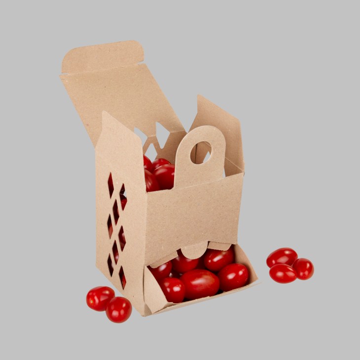 Cardboard packaging box with ventilation holes containing red cherry tomatoes, some scattered outside