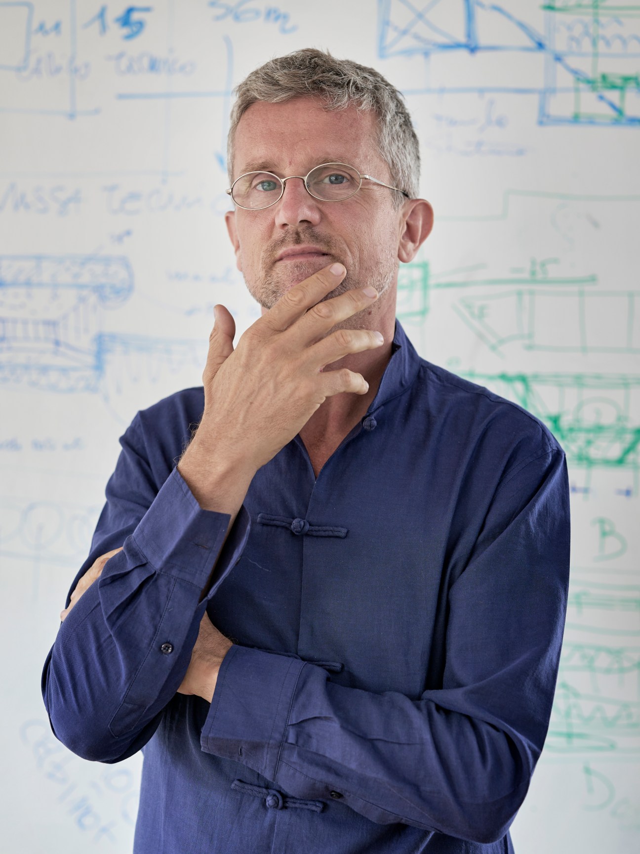 Carlo Ratti, director of Senseable City Laboratory at MIT, wearing glasses and blue shirt with hand on chin