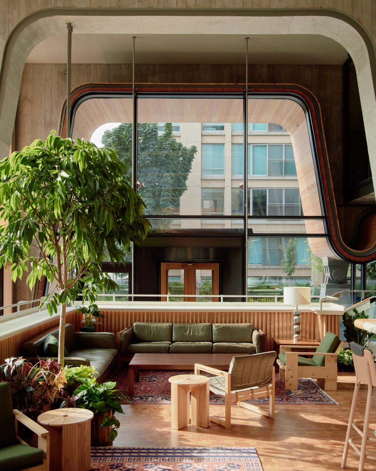 Interior lounge area with curved ceiling elements, large windows, green seating, wooden furniture and indoor plants