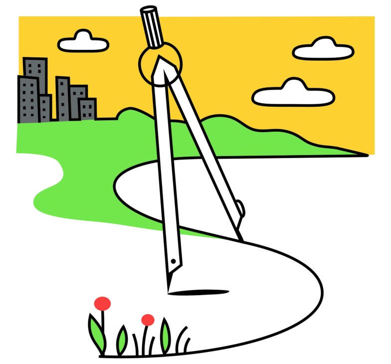 Illustration of a geometric compass or drawing tool over a landscape with buildings, path, and flowers