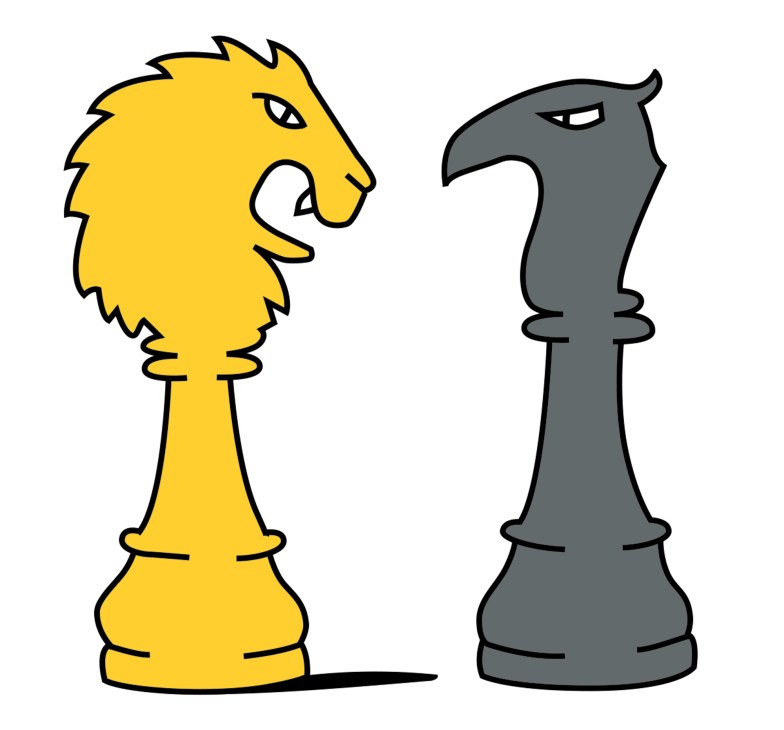 Two chess pieces - a yellow lion-headed piece facing a gray knight piece