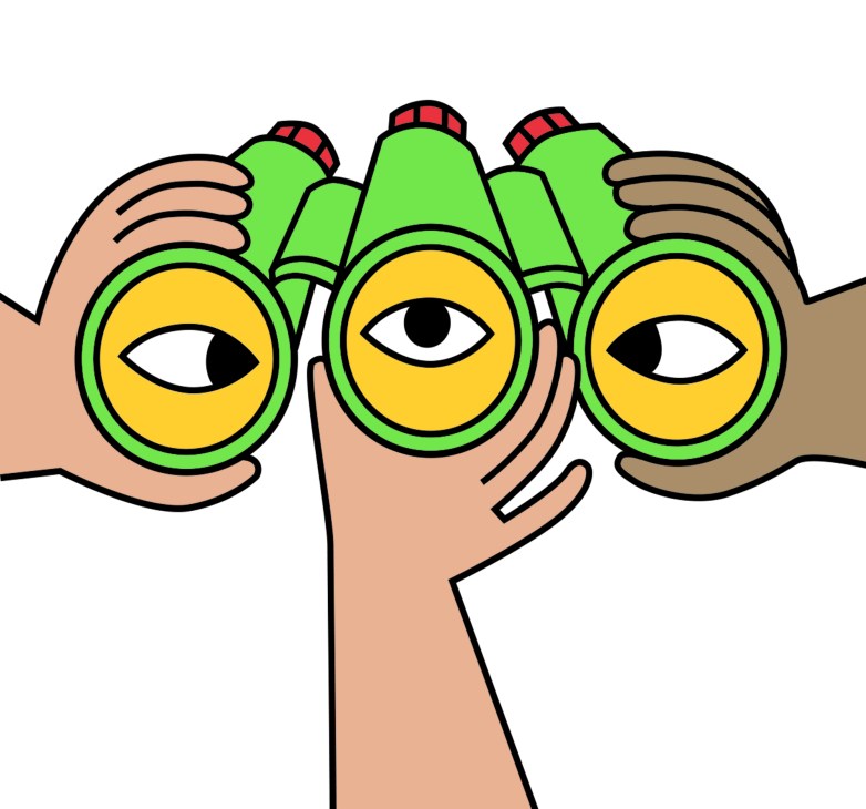 Illustration of three pairs of binoculars held by hands with green lenses and red details.