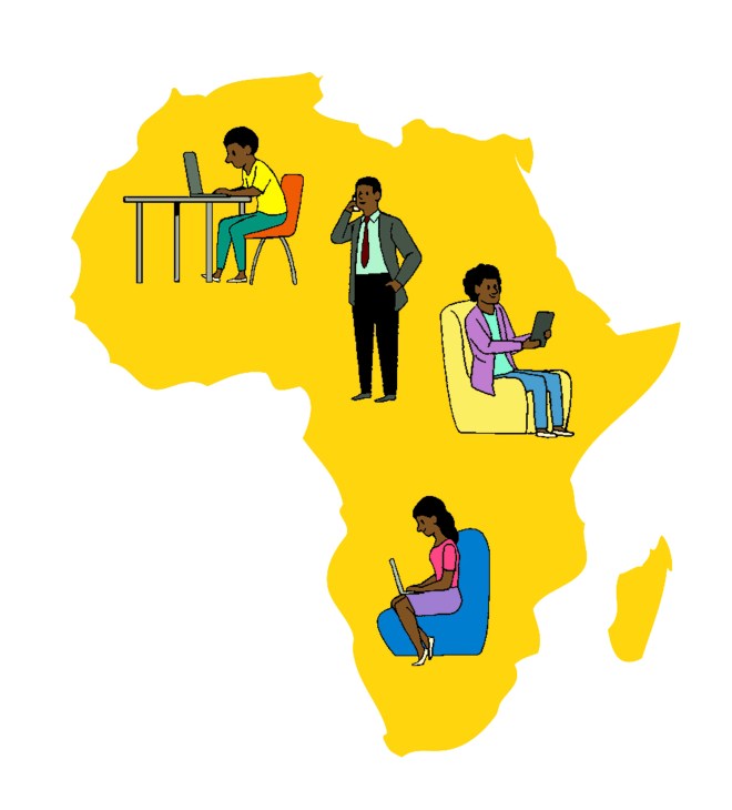 Illustration of African continent in yellow with diverse workers engaged in various activities including office work and remote business.